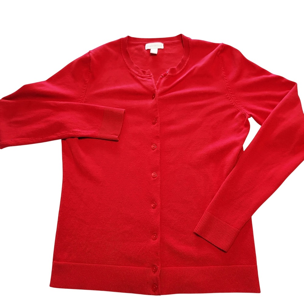 Womens M Red Button Front Crew Neck Cardigan Sweater M Preppy Academia Classic